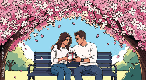 A sweet flat vector of couple sitting on park bench under pink blossoms exchanging gifts, peaceful outdoor love scene