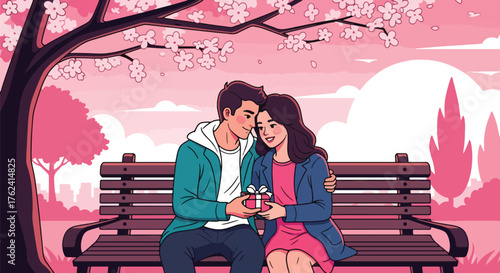 A sweet flat vector of couple sitting on park bench under pink blossoms exchanging gifts, peaceful outdoor love scene