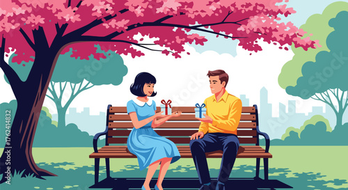 A sweet flat vector of couple sitting on park bench under pink blossoms exchanging gifts, peaceful outdoor love scene