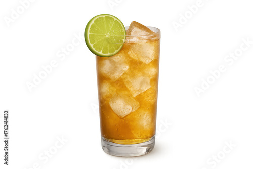Iced tea long drink with lime slice and ice cubes refreshing summer beverage isolated on transparent background