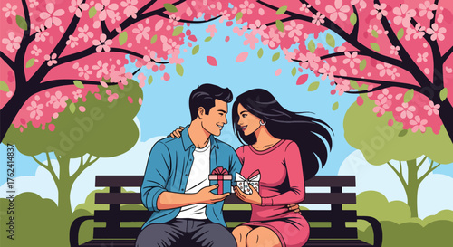 A sweet flat vector of couple sitting on park bench under pink blossoms exchanging gifts, peaceful outdoor love scene