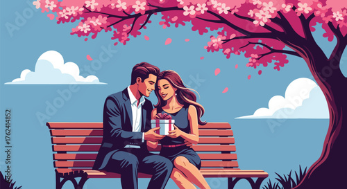 A sweet flat vector of couple sitting on park bench under pink blossoms exchanging gifts, peaceful outdoor love scene