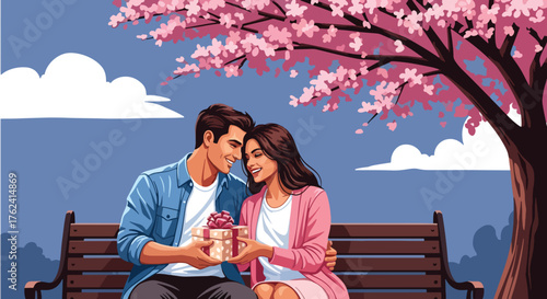 A sweet flat vector of couple sitting on park bench under pink blossoms exchanging gifts, peaceful outdoor love scene