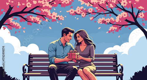 A sweet flat vector of couple sitting on park bench under pink blossoms exchanging gifts, peaceful outdoor love scene