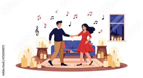 A cozy flat vector of romantic couple dancing in living room filled with candles and warmth, symbolizing joy and love at home
