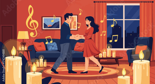 A cozy flat vector of romantic couple dancing in living room filled with candles and warmth, symbolizing joy and love at home