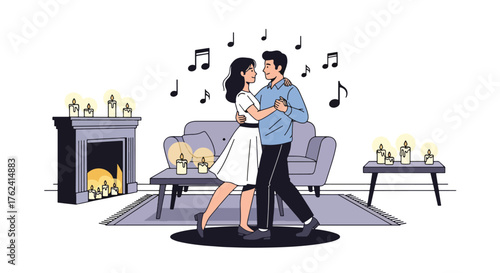 A cozy flat vector of romantic couple dancing in living room filled with candles and warmth, symbolizing joy and love at home