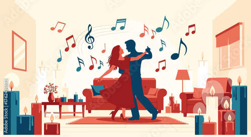 A cozy flat vector of romantic couple dancing in living room filled with candles and warmth, symbolizing joy and love at home