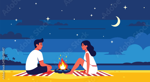 Flat vector of couple sitting by bonfire on beach at night under stars, romantic and relaxing summer evening illustration