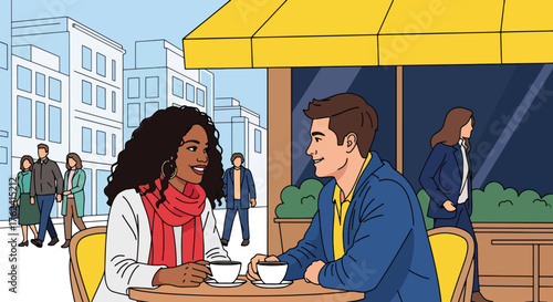 Flat vector of romantic couple having coffee at outdoor café, cheerful urban date symbolizing connection and modern love