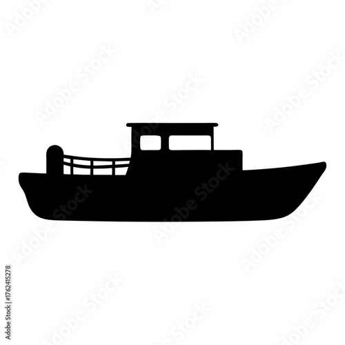 Vector art of silhouette of a boat, showcasing its structure, from the hull to the cabin, capturing the essence of maritime transport