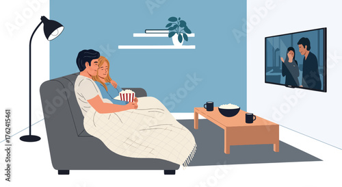 Flat vector of couple cuddling on sofa watching movie with popcorn, cozy romantic home date night illustration
