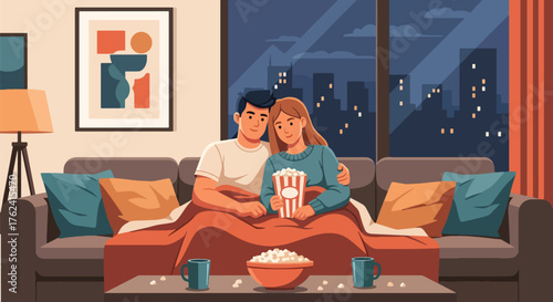 Flat vector of couple cuddling on sofa watching movie with popcorn, cozy romantic home date night illustration