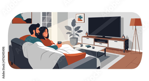 Flat vector of couple cuddling on sofa watching movie with popcorn, cozy romantic home date night illustration