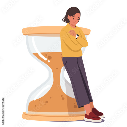 Bored teenage girl looking at wristwatch waiting for friend being late standing nearby hourglass