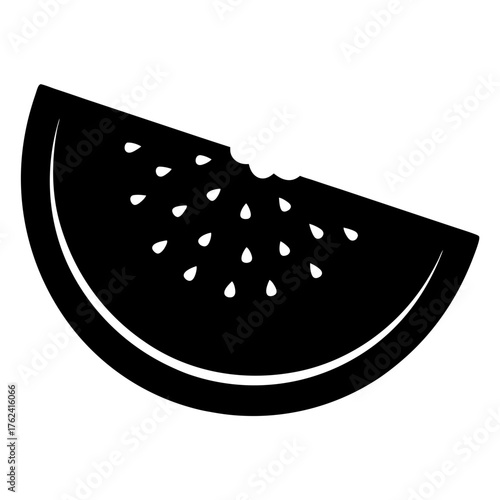 Illustration of a watermelon slice with a bite taken out, showcasing its curved shape and scattered seeds, evoking a sense of taste