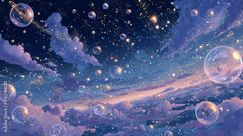 Bubbles floating across starry night sky, fantasy dream