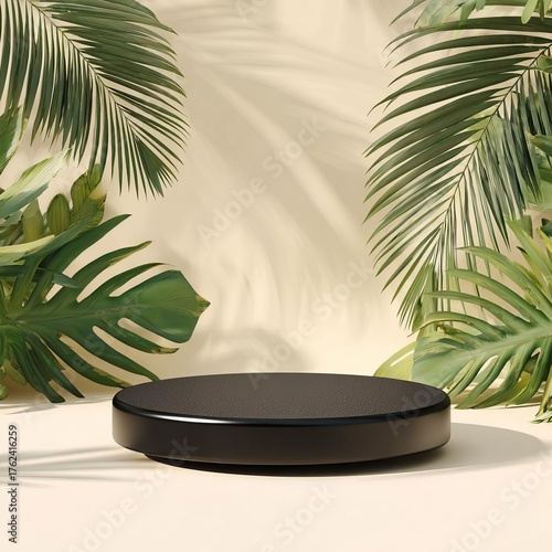 A sleek black display pod is surrounded by vibrant green tropical plants creating an inviting scene perfect for showcasing products