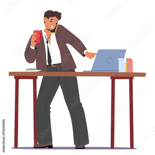 Businessman cartoon character eating on-the-go simultaneously working on laptop closing deadline