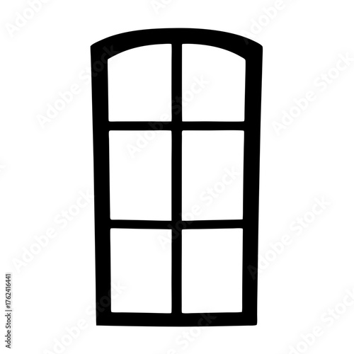 Illustration of a black window frame with six panes and an arched top, perfect for architectural designs and building plans