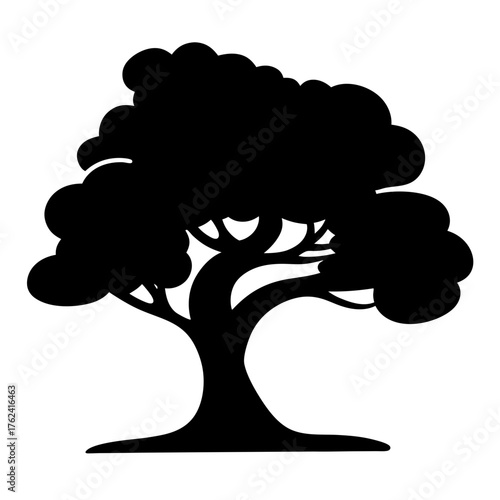 Vector art of a silhouette of a tree with a full, rounded canopy, , showcasing its sturdy trunk and dense foliage in stark contrast