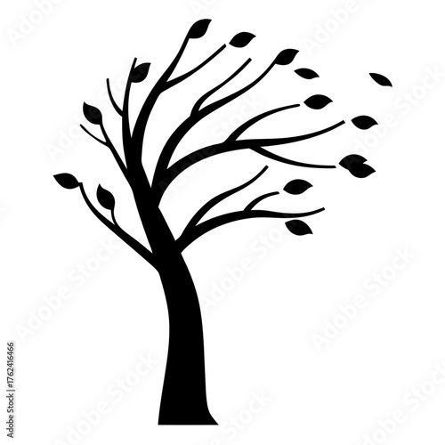 Vector art of a silhouette of a windswept tree with sparse leaves, , depicting resilience and the power of nature in a minimalist style