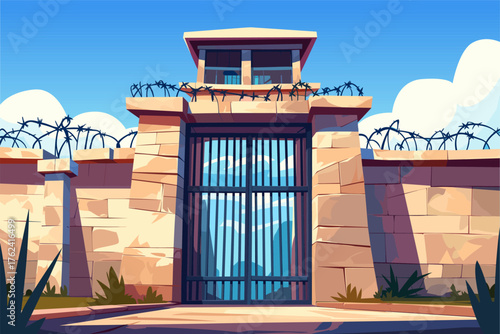 Cartoon prison gate with a tower, vector illustration