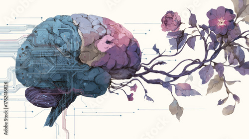 Human brain merging with floral branches and neural circuits representing organoid intelligence, biological computing, and harmony of technology with nature in elegant watercolor style.
