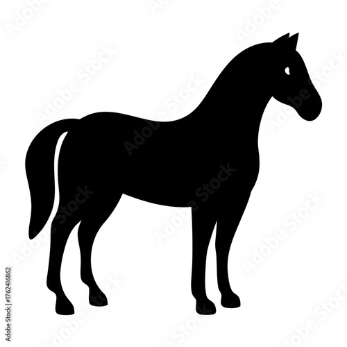 Vector art of silhouette of a horse standing majestically, showcasing its muscular build, flowing tail, and noble head against a plain backdrop