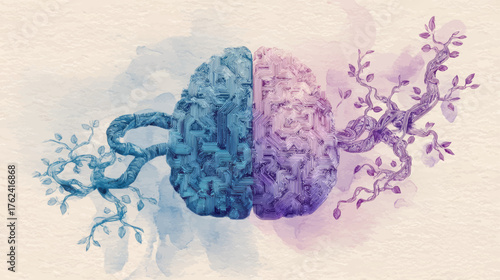 Split brain illustration blending neural circuits and organic branches symbolizing organoid intelligence, human creativity, and biotechnology evolution in detailed watercolor pastel composition.