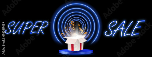 white box with a red ribbon and a blue neon circle with the words super sale on a black background