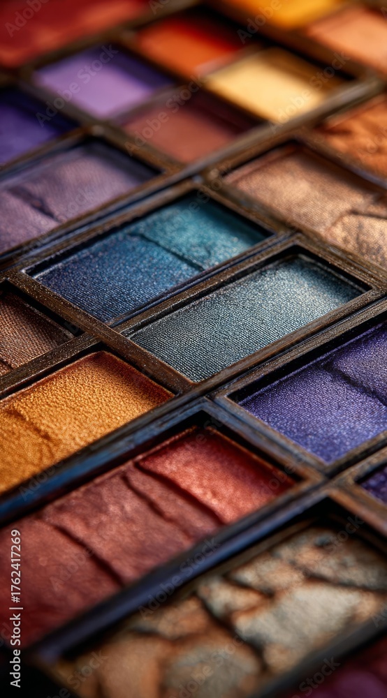 Fototapeta premium A closeup of a colorful eye shadow palette showcasing an array of rich hues perfect for creative makeup looks