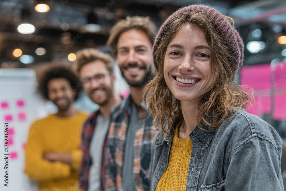 Fototapeta premium Smiling woman in modern office with team