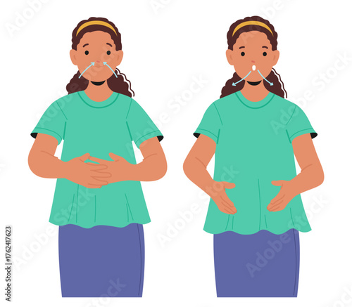 Teenage girl cartoon character inhaling and exhaling showcasing concentrated focused breathing
