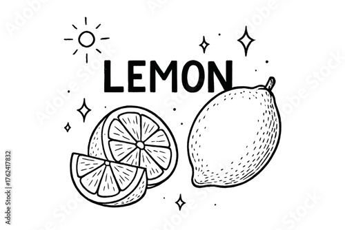 Lemon Artistry. Hand-drawn lemon with slices, suns, and sparkles, center word “Lemon” in black and white isolated transparent