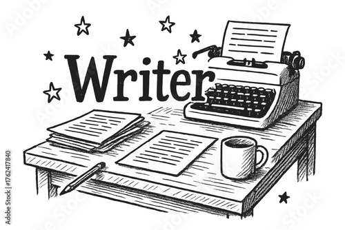 Writer's Creative Workspace. Hand-drawn desk with typewriter, papers, and stars, center word “Writer” in black and white isolated