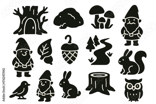 Forest Gnome Icons. Solid style icons of Forest Gnomes: tree hollow home, mossy rock, mushroom cluster, leafy hat, acorn cup,