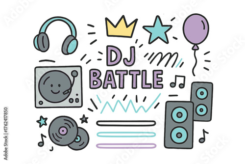 DJ Battle Doodle Icons. DJ battle doodle icon set: hand drawn icons of turntable with smile, headphones, crown, star, balloon,