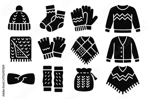 Knitted Garments Icons. Solid style icons of Knitted garments and projects: beanie hat, cozy socks, warm mittens, wool sweater,