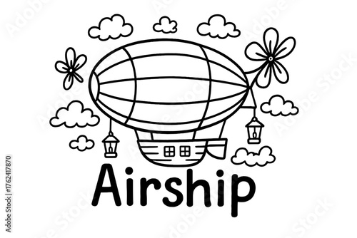Doodle Airship Adventure. Doodle flying airship with propellers, clouds, and lanterns, center word “Airship” in black and white