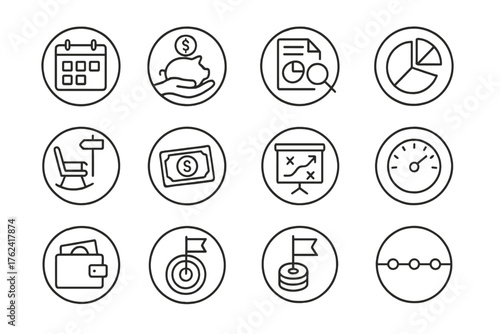 Financial Planning Icons. Line style round icons of financial planning: monthly budget, savings goal, expense forecast, investment