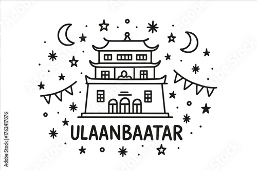 Ulaanbaatar Monastery Doodle. Doodle ulaanbaatar gandantegchinlen monastery with stars, moons, and flags, center word “Ulaanbaatar