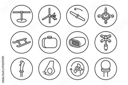 Rotorcraft Parts Icons. Line style round icons of rotorcraft parts: main rotor, tail rotor, blade pitch, swashplate; skid gear,