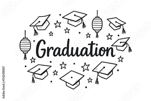 Graduation Celebration Art. Hand-drawn graduation with caps, stars, and lanterns, center word “Graduation” in black and white