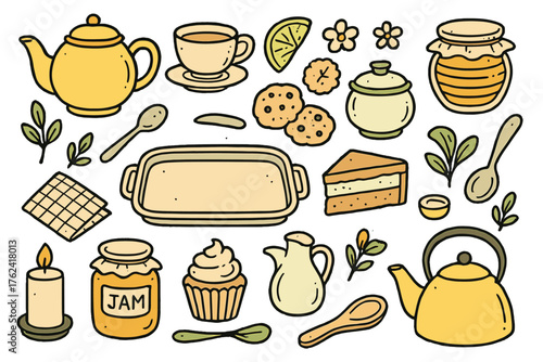 Tea Time Doodle Icons. Tea time doodle icon set: hand drawn icons of teapot, tea cup, saucer, sugar bowl, spoon, lemon slice,