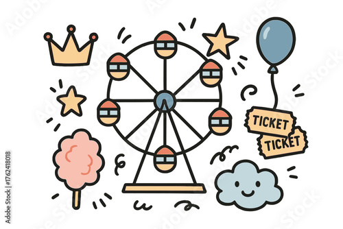 Ferris Wheel Doodle Set. Ferris wheel doodle icon set: hand drawn icons of ferris wheel, crown, star, balloon, tickets, cotton