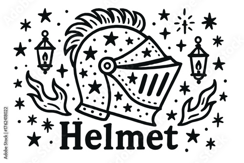 Starry Doodle Helmet. Doodle helmet with stars, crests, and lanterns, center word “Helmet” in black and white isolated transparent