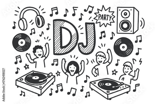 Doodle DJ Party. Doodle DJ party with turntables, headphones, and records, center word “DJ” in black and white isolated
