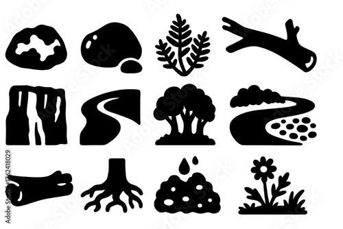 Solid Nature Icons. Solid style icons of Surrounding natural elements: mossy rock, wet boulder, fern patch, fallen branch, cliff