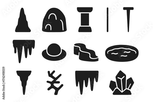 Cave Formation Icons. Solid style icons of Cave formations and features: stalagmite, flowstone, column, soda straw, drapery
